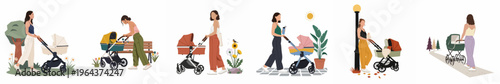 Collection of flat vector illustrations depicting young women walking with baby strollers in diverse outdoor environments, from parks to city streets, during different seasons.