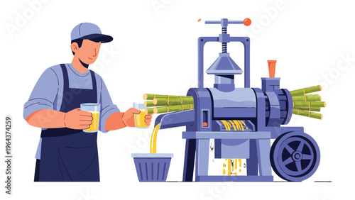 Sugarcane Juice Production: A skilled individual meticulously operates an industrial sugarcane juicer, extracting refreshing juice.