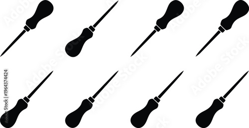 Eight black silhouette awls with curved handles on a white background tool piercing
