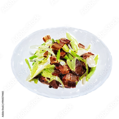 Hand-painted stir-fried Chinese cured meat with garlic sprouts and chili on a white rectangular plate, isolated on transparent background
