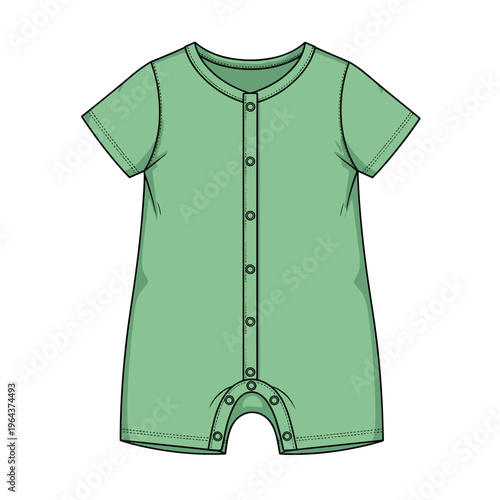 Green sleep romper with button-up front design, isolated on a white background, showcasing a simplistic and comfortable style for infants