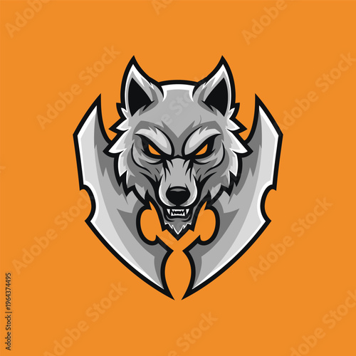 Gray wolf head with orange tie.