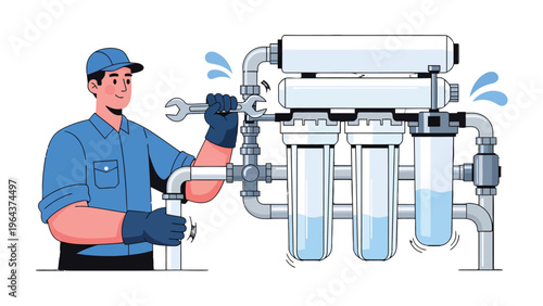 Plumber and Water Purifier Repair: An efficient plumber meticulously repairs a complex water purification system, ensuring clean water and healthy living.