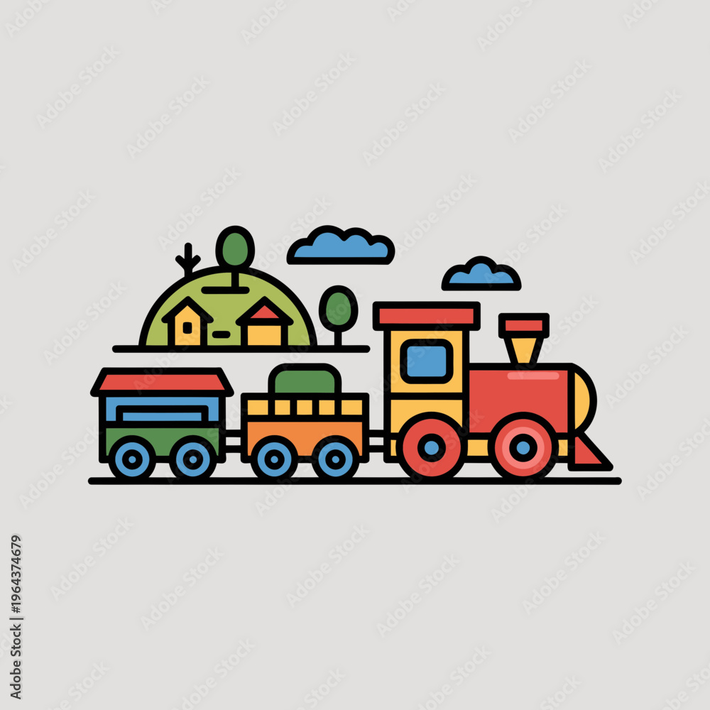 Fototapeta premium Colorful Train Traveling on Tracks with Houses and Trees