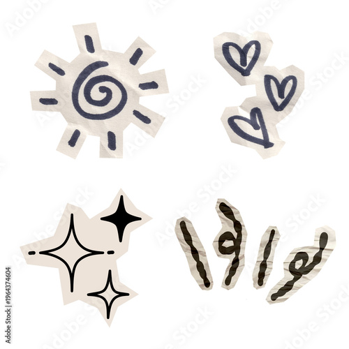 Whimsical Hand-Drawn Doodle Graphics Sun, Hearts, and Stars Paper Cutout Elements for Creative Design Projects