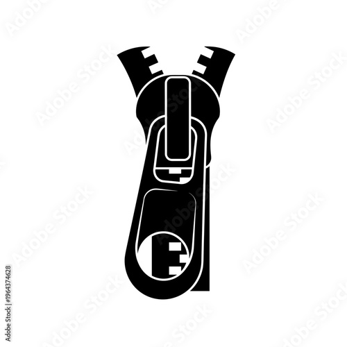 Black zipper slider icon isolated on white background, showcasing a detailed close-up of the fastener mechanism in a bold silhouette style