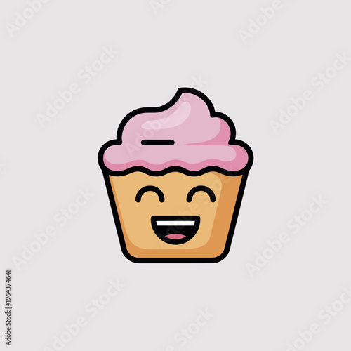 Smiling Cupcake with Pink Frosting Isolated on White Background