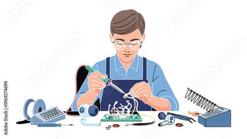 Precision Engineering: A skilled technician diligently works on electronic components, using specialized tools and equipment to meticulously assemble and repair intricate circuits.
