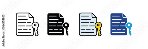 Secure data file with key icon for password protection, document encryption and private access authorization set. Confidential information security symbol. Vector Illustration.