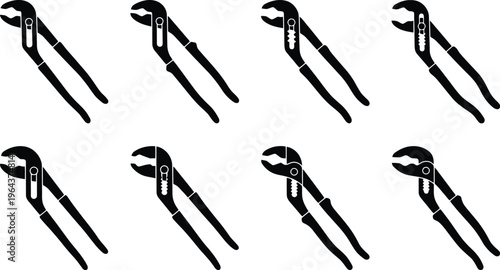 Eight black silhouette icons of adjustable pliers or water pump pliers with varied jaw and handle designs