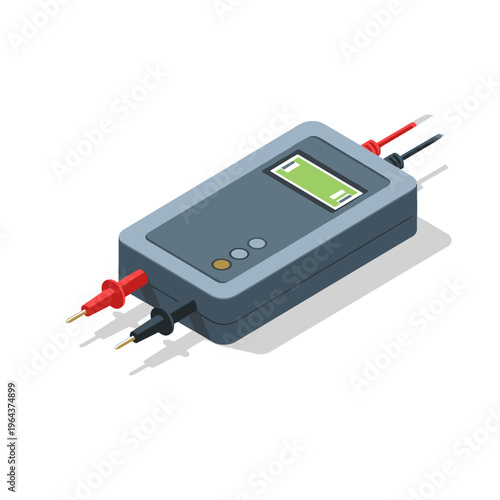 Digital battery tester with probes isolated on a white background, featuring a sleek modern design and LCD screen, casting a subtle shadow