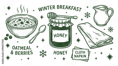Winter breakfast with oatmeal and berries, honey, milk, and cloth napkin illustration, perfect for a cozy morning meal