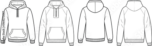Hoodie sweatshirt set, pullover hooded jackets with pockets, front and back views, casual streetwear apparel templates – vector illustration