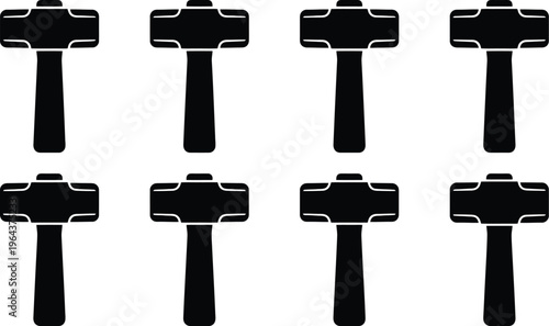 Eight black silhouette icons of sledgehammers with identical heads and handles on a white background