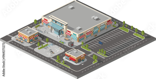 Isometric Vector Illustration of a Modern Shopping Mall and Retail Complex with Parking Lot, Shops, and Cafes in a Detailed Urban Environment