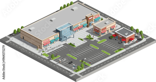 Isometric illustration of a modern shopping center complex with retail stores, a cafe, a large parking lot, and urban infrastructure.