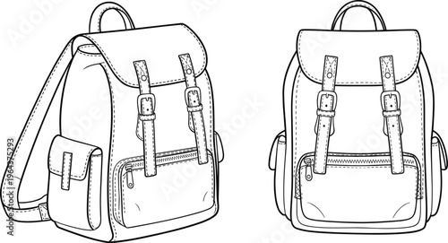 Leather backpack with buckle straps and front pocket, front and perspective views, minimalist bag design template – vector illustration