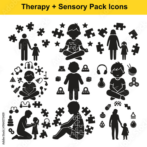 Autism awareness icon collection with symbols of support, therapy, and developmental challenges.
