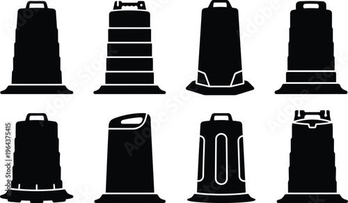 Eight black silhouette icons of traffic cones and industrial barrels with varied designs and handles