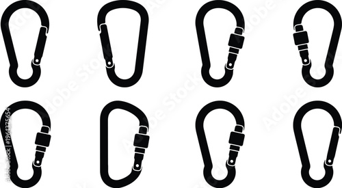 Eight Black Silhouette Illustrations of Climbing Carabiners with Screw Gates climbing gear mountaineering