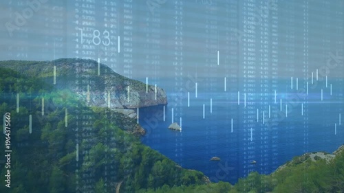 pine cliff receiving descending data bars pulsing shifting and sweeping light beam visualizing data