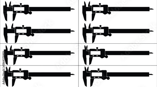 Eight black silhouette illustrations of digital calipers with varying jaw openings on a white background