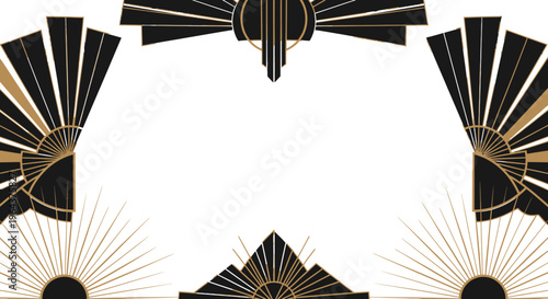 Art Deco Black and Gold Sunburst Fan Frame with Geometric Shapes
