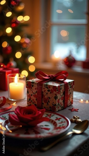 Wallpaper Mural Gift-filled Christmas table in twinkling light, festive tablecloth, ornaments Torontodigital.ca