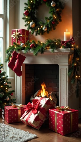 Wallpaper Mural Gift-wrapped presents and colorful decorations on a beautifully decorated mantel, presents, garland Torontodigital.ca