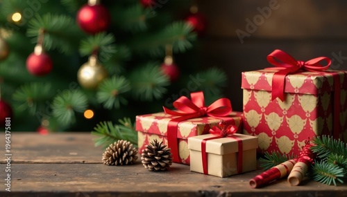 Wallpaper Mural Gift-wrapped presents and decorative items on a wooden table with a Christmas tree in the background, gifts, color Torontodigital.ca