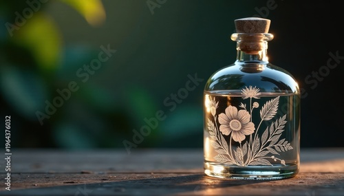 Wallpaper Mural Glass bottle with intricate etching of botanicals, elegance, luxury Torontodigital.ca
