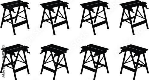 Eight black silhouette illustrations of woodworking sawhorses with different clamp configurations on a white background