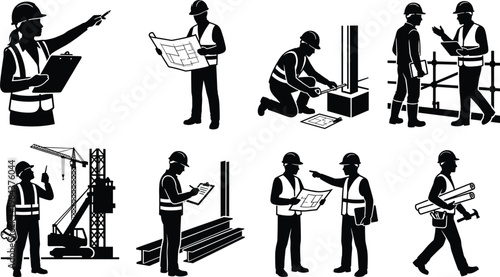 Professional Construction Personnel Silhouette Collection Featuring Female and Male Engineers Builders Surveyors and Architects with Blueprints Tools and Site Equipment