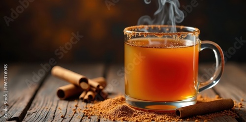 Wallpaper Mural Glass mug filled with steaming hot cider adorned with a generous dusting of cinnamon powder on the rim, spices, cinnamon Torontodigital.ca