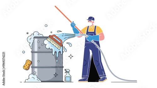Industrial Clean Up: A diligent worker wearing protective gear tackles the cleaning task of an industrial barrel with a professional approach, emphasizing cleanliness and safety.