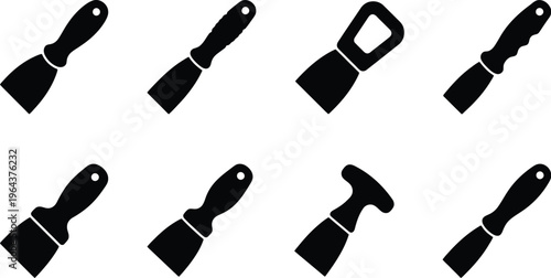 Eight black silhouette putty knives and scrapers with different handle shapes on a white background putty knife