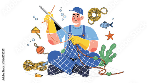 Fisherman and Gear: A fisherman skillfully mends a fishing net, surrounded by essential gear, illustrating dedication to the craft in an ocean setting.
