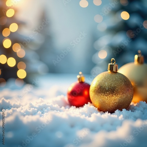 Wallpaper Mural Glittering golden Christmas ornaments scattered on a snowy winter wonderland background, sparkle, shine Torontodigital.ca