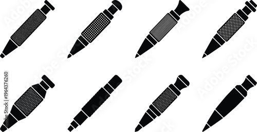 Eight black silhouette pens with patterned barrels and different cap styles on a white background writing instrument