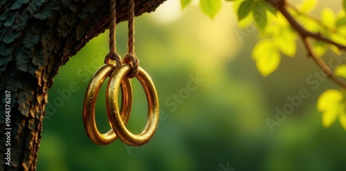 Wallpaper Mural Glittering golden rings suspended from a sturdy rope hanging from the branch of a tree , nature, rustic Torontodigital.ca