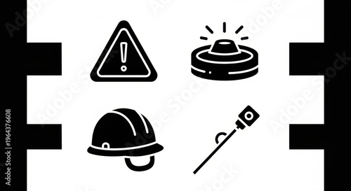 Industrial safety and hazard warning vector icon set caution sign, landmine, hard hat, and metal detector. Essential symbols for risk management and prevention