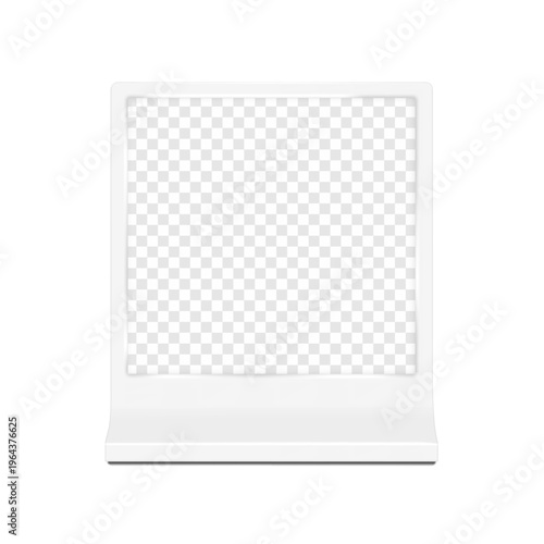 Square white blank transparent digital display stand. Front view. 3d mockup. E-ink nameplate. Electronic shelf label price tag empty screen. Realistic vector mock-up. Easy editable template for design