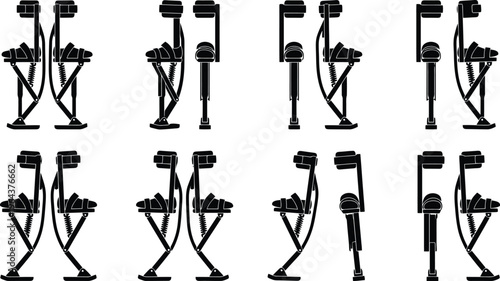Eight black silhouette stilt walkers with spring-loaded legs in various poses on a white background stilts