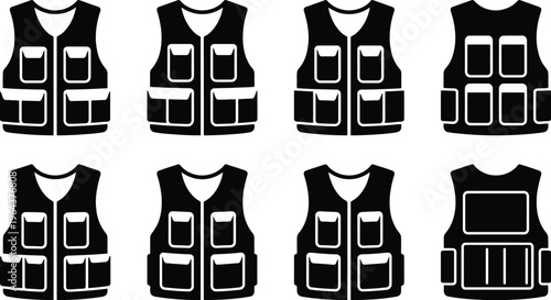 Eight Black Silhouette Vests With Multiple Pockets On White Background waistcoat gilet