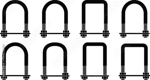 Eight Black Silhouette U- Bolts With Nuts And Washers On White Background u-bolt fastener