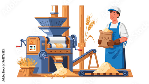 Artisan at the Mill: An artisan stands proudly beside an old-fashioned mill, his hands skillfully guiding the production of fresh flour. The scene exudes a sense of traditional craftsmanship.