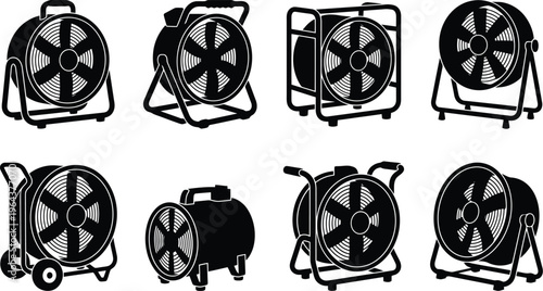 Eight Black Silhouettes of Industrial Fans and Blowers in Various Designs ventilation air mover