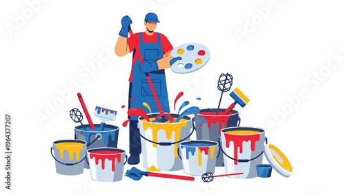 Painter's Palette and Pints: A professional painter prepares a vibrant collection of paint, with an array of colors and tools for creating masterpiece.