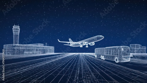 Wireframe airport scene with airplane and bus, digital art