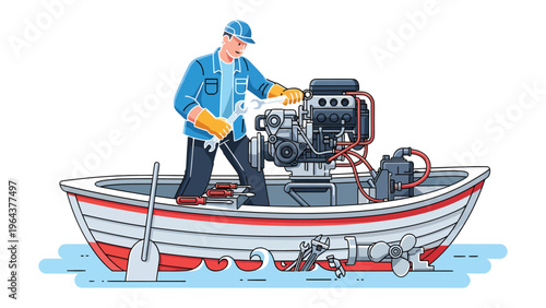Mechanic Repairing Boat Engine: A skilled mechanic meticulously repairs the engine of a small boat, showcasing dedication to the craft in a vivid, clean illustration.